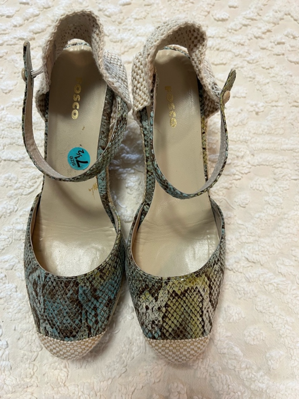 Espadrille Wedge Sandals in Teal and Cream by